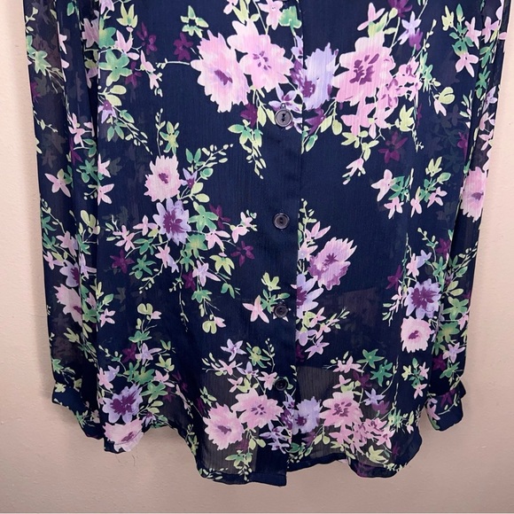 Vintage Large Haband Blue Purple Floral Semi Sheer Blouse Button Front 90s - Picture 10 of 12